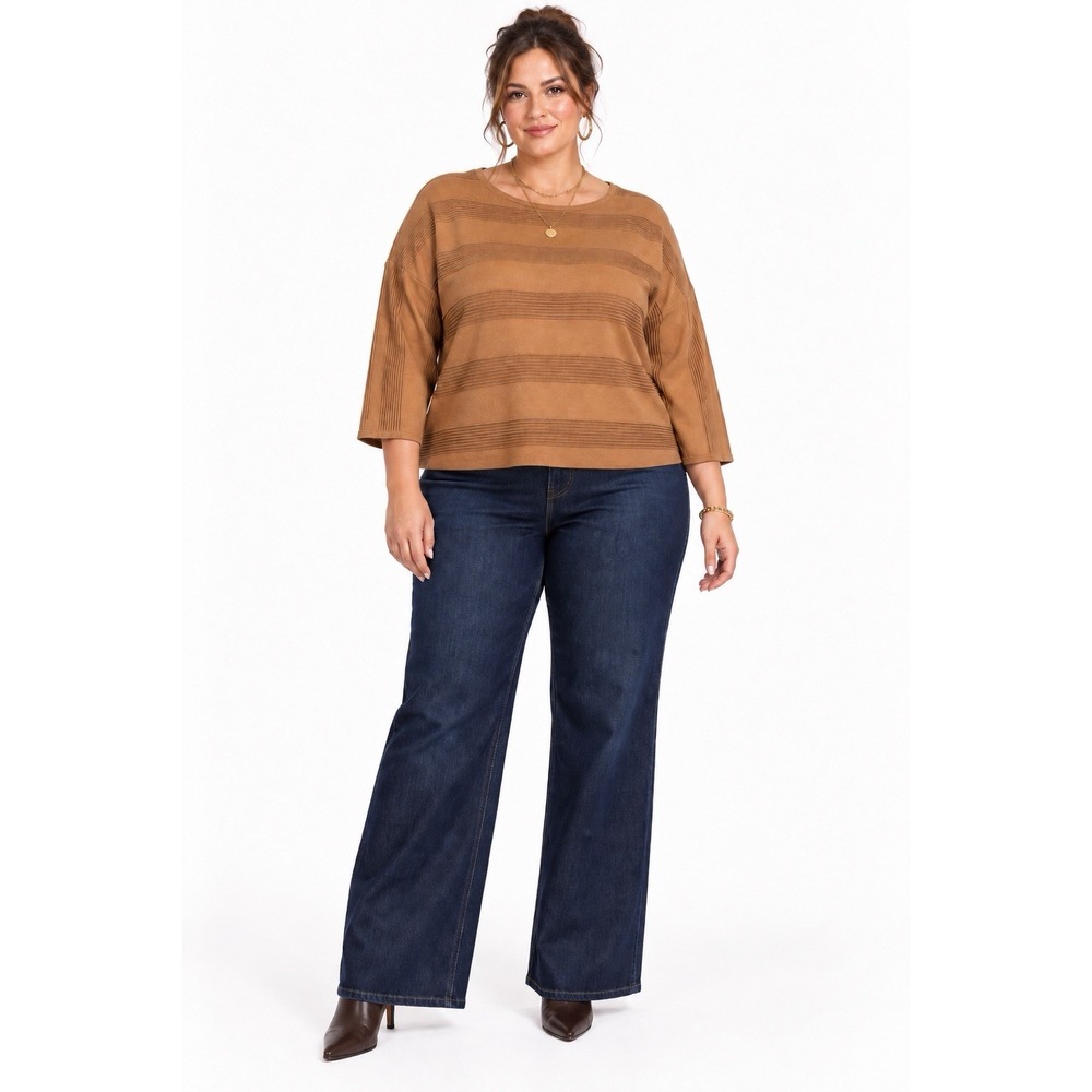 Tahari Sweater Womens 1X Camel Textured Stripe Knit Relaxed Minimalist Plus NWT